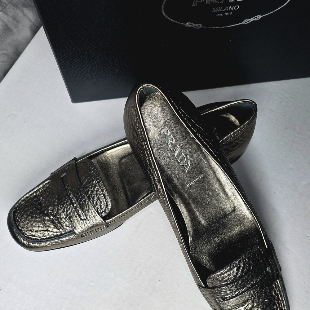 Prada Women's Bronze Leather Loafers - Picture 6 of 8
